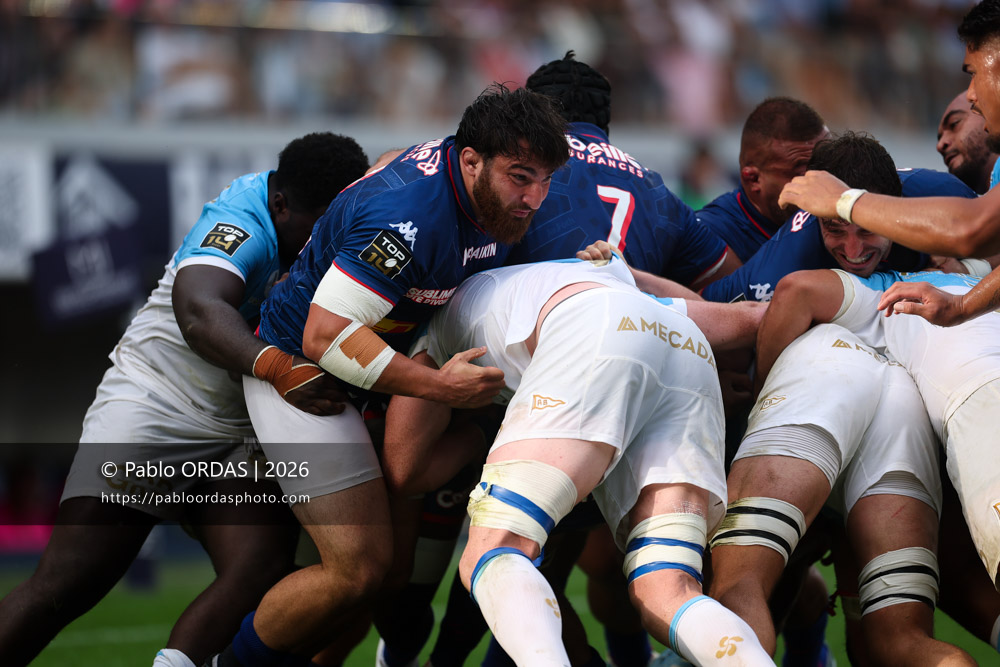 Sergo Abramishvili, lors du match de Top 14 entre l'Aviron bayonnais et le Stade français Paris, le 3 octobre 2026 au stade Jean Dauger de Bayonne, France (Photo Pablo ORDAS)