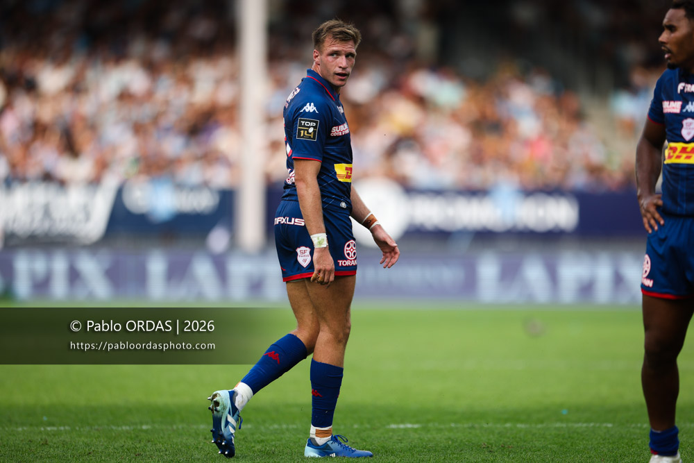 Léo Barré, lors du match de Top 14 entre l'Aviron bayonnais et le Stade français Paris, le 3 octobre 2026 au stade Jean Dauger de Bayonne, France (Photo Pablo ORDAS)