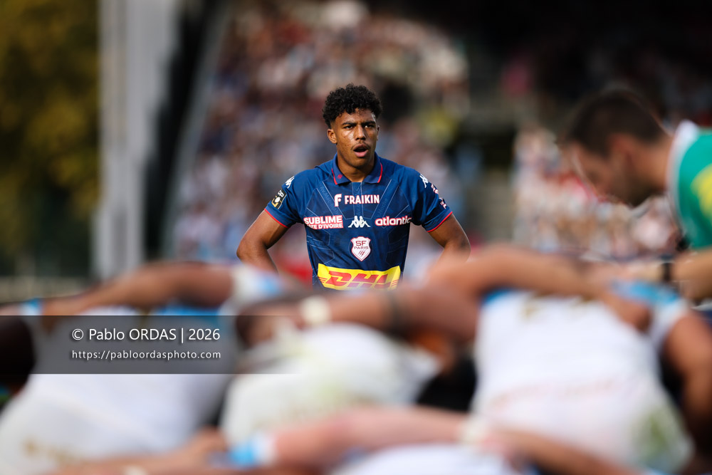 Mathis Ibo, lors du match de Top 14 entre l'Aviron bayonnais et le Stade français Paris, le 3 octobre 2026 au stade Jean Dauger de Bayonne, France (Photo Pablo ORDAS)