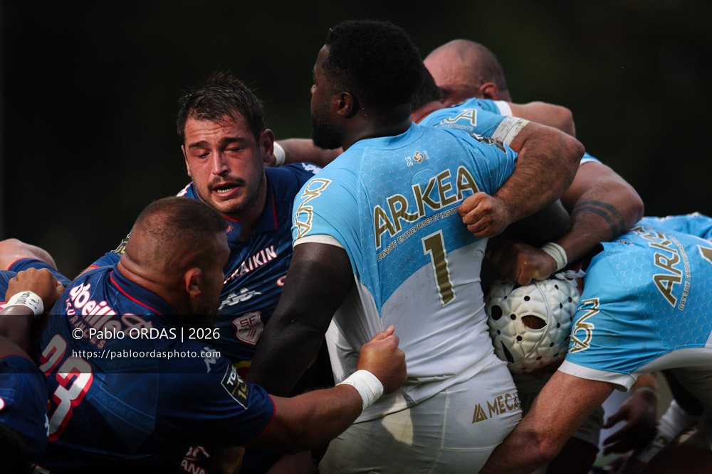 Lucas Peyresblanques, lors du match de Top 14 entre l'Aviron bayonnais et le Stade français Paris, le 3 octobre 2026 au stade Jean Dauger de Bayonne, France (Photo Pablo ORDAS)