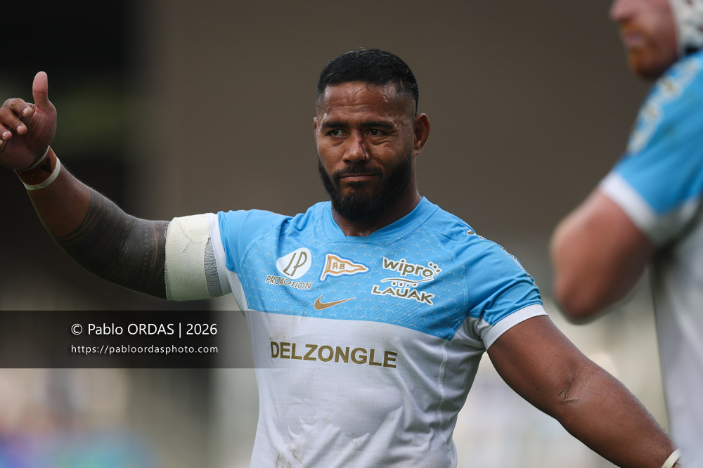 Manu Tuilagi, lors du match de Top 14 entre l'Aviron bayonnais et le Stade français Paris, le 3 octobre 2026 au stade Jean Dauger de Bayonne, France (Photo Pablo ORDAS)