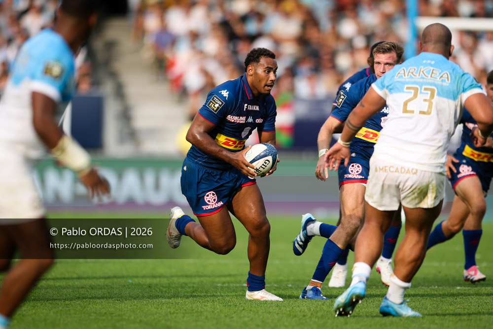 Noah Néné, lors du match de Top 14 entre l'Aviron bayonnais et le Stade français Paris, le 3 octobre 2026 au stade Jean Dauger de Bayonne, France (Photo Pablo ORDAS)