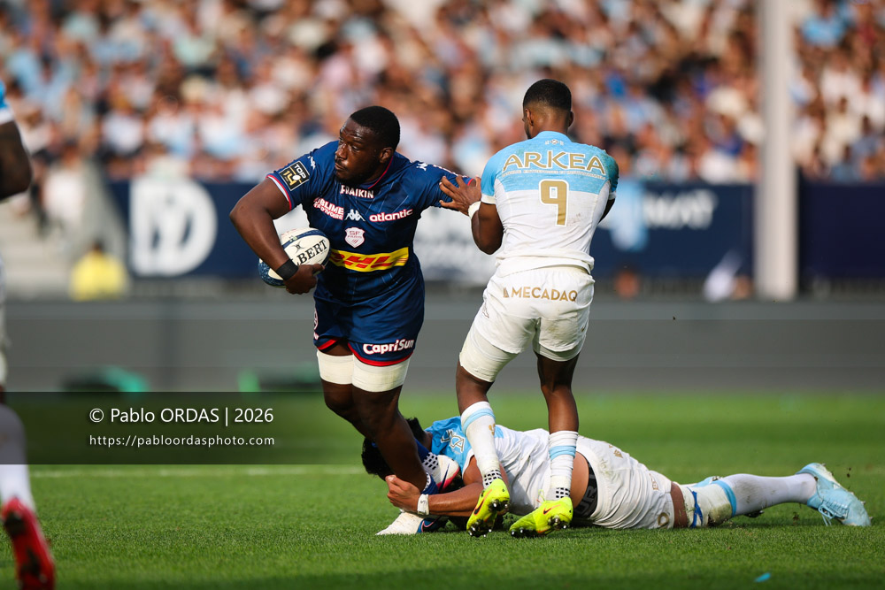 Yoan Tanga, lors du match de Top 14 entre l'Aviron bayonnais et le Stade français Paris, le 3 octobre 2026 au stade Jean Dauger de Bayonne, France (Photo Pablo ORDAS)
