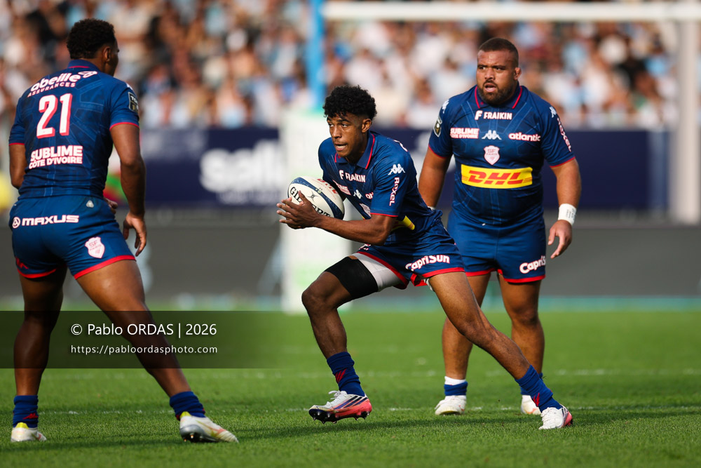 Mathis Ibo, lors du match de Top 14 entre l'Aviron bayonnais et le Stade français Paris, le 3 octobre 2026 au stade Jean Dauger de Bayonne, France (Photo Pablo ORDAS)