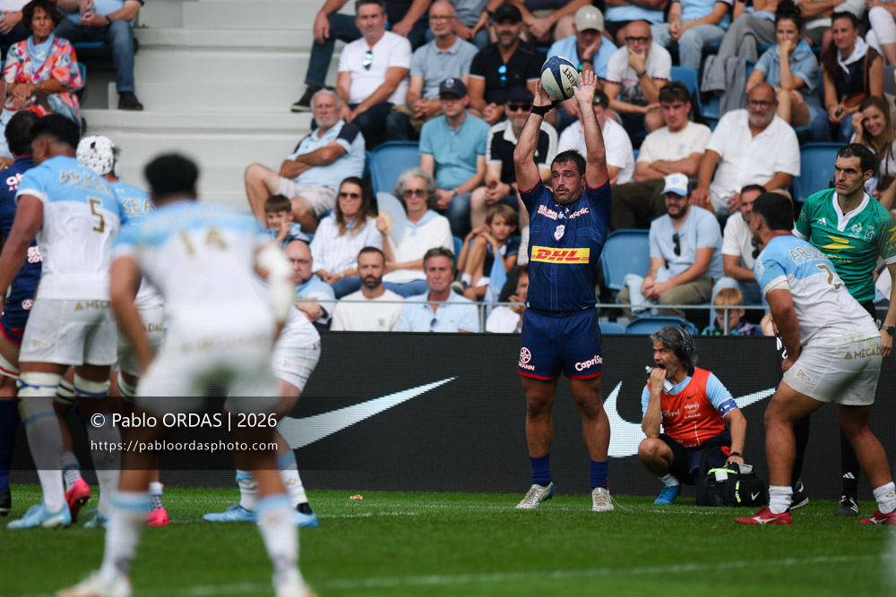 Lucas Peyresblanques, lors du match de Top 14 entre l'Aviron bayonnais et le Stade français Paris, le 3 octobre 2026 au stade Jean Dauger de Bayonne, France (Photo Pablo ORDAS)