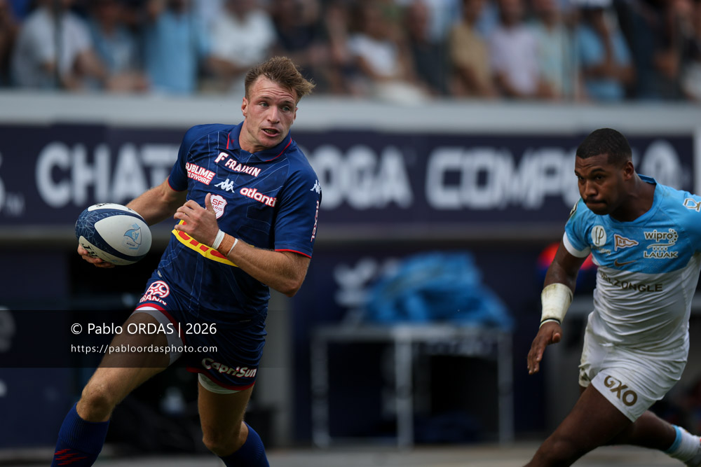 Léo Barré, lors du match de Top 14 entre l'Aviron bayonnais et le Stade français Paris, le 3 octobre 2026 au stade Jean Dauger de Bayonne, France (Photo Pablo ORDAS)