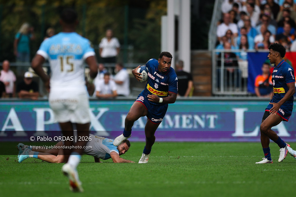 Noah Néné, lors du match de Top 14 entre l'Aviron bayonnais et le Stade français Paris, le 3 octobre 2026 au stade Jean Dauger de Bayonne, France (Photo Pablo ORDAS)