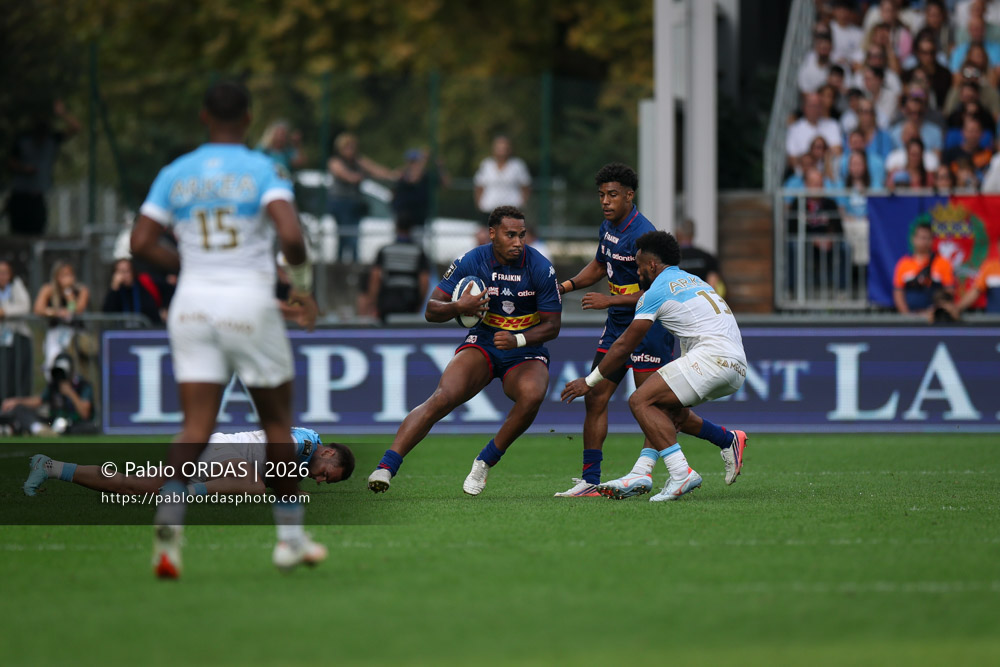 Noah Néné, lors du match de Top 14 entre l'Aviron bayonnais et le Stade français Paris, le 3 octobre 2026 au stade Jean Dauger de Bayonne, France (Photo Pablo ORDAS)