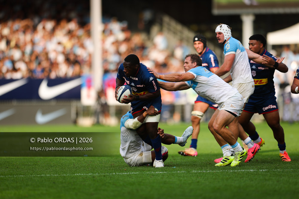 Yoan Tanga, lors du match de Top 14 entre l'Aviron bayonnais et le Stade français Paris, le 3 octobre 2026 au stade Jean Dauger de Bayonne, France (Photo Pablo ORDAS)