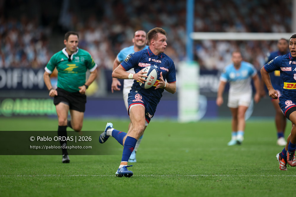 Léo Barré, lors du match de Top 14 entre l'Aviron bayonnais et le Stade français Paris, le 3 octobre 2026 au stade Jean Dauger de Bayonne, France (Photo Pablo ORDAS)