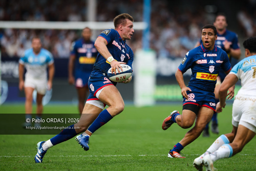Léo Barré, lors du match de Top 14 entre l'Aviron bayonnais et le Stade français Paris, le 3 octobre 2026 au stade Jean Dauger de Bayonne, France (Photo Pablo ORDAS)