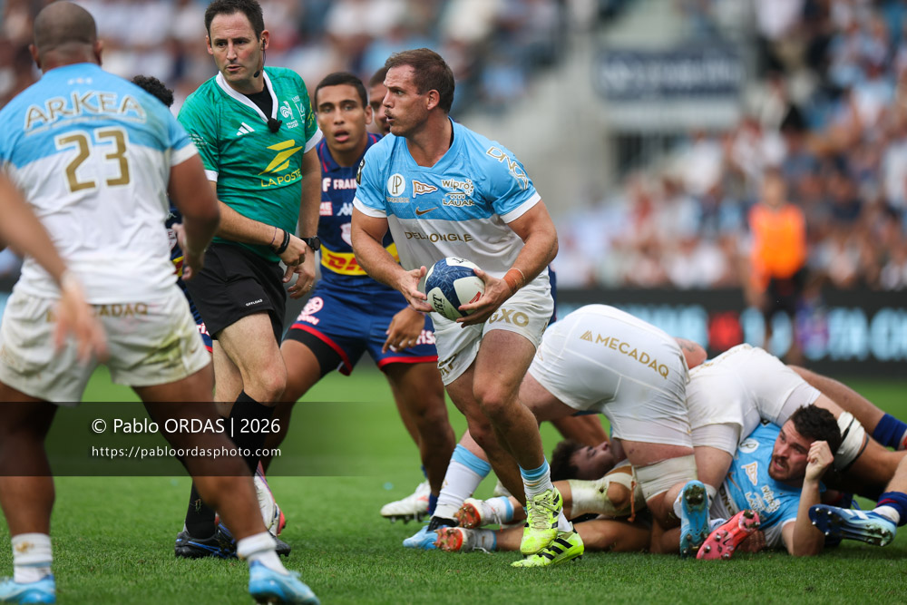 Facundo Bosch, lors du match de Top 14 entre l'Aviron bayonnais et le Stade français Paris, le 3 octobre 2026 au stade Jean Dauger de Bayonne, France (Photo Pablo ORDAS)