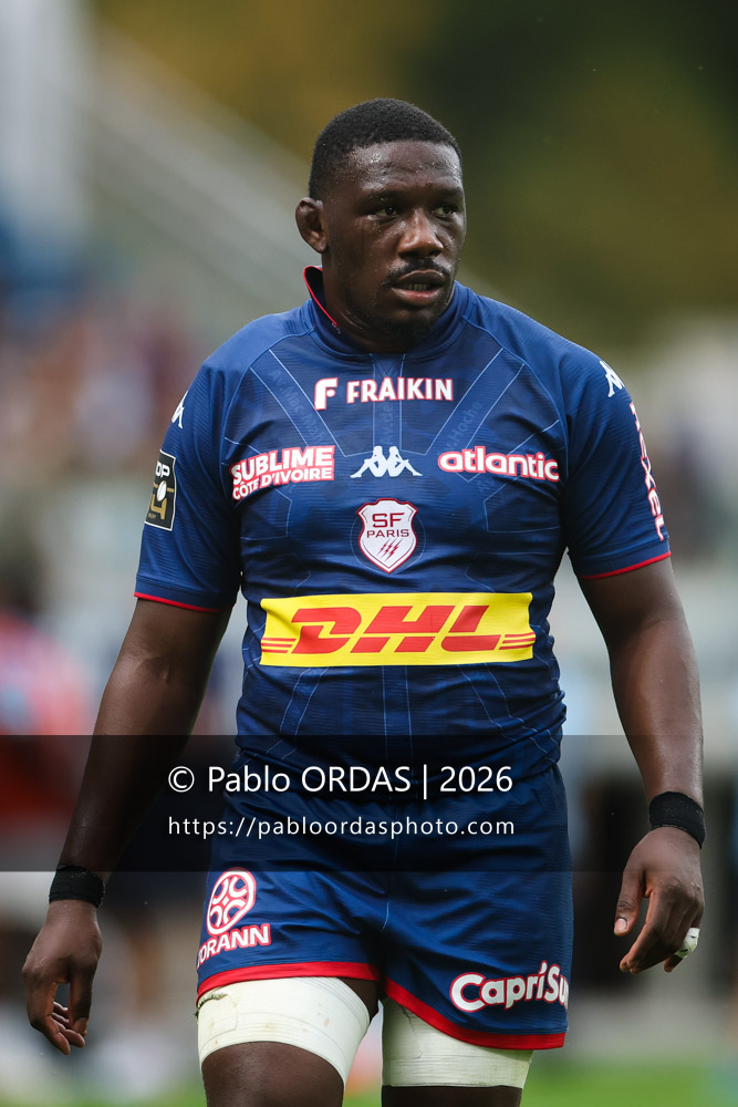 Yoan Tanga, lors du match de Top 14 entre l'Aviron bayonnais et le Stade français Paris, le 3 octobre 2026 au stade Jean Dauger de Bayonne, France (Photo Pablo ORDAS)