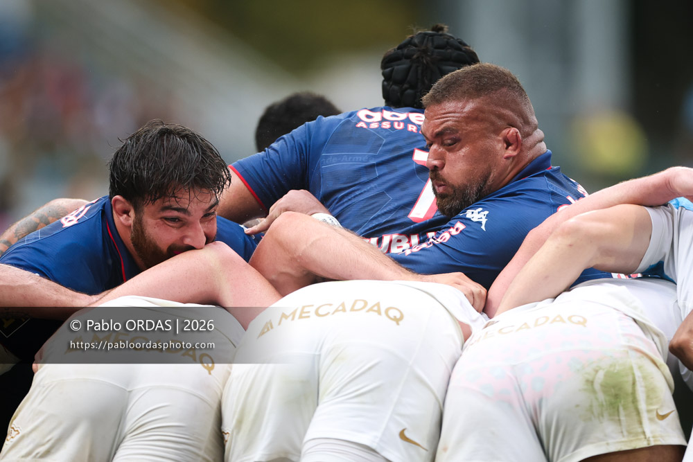 Paul Alo Emile, lors du match de Top 14 entre l'Aviron bayonnais et le Stade français Paris, le 3 octobre 2026 au stade Jean Dauger de Bayonne, France (Photo Pablo ORDAS)