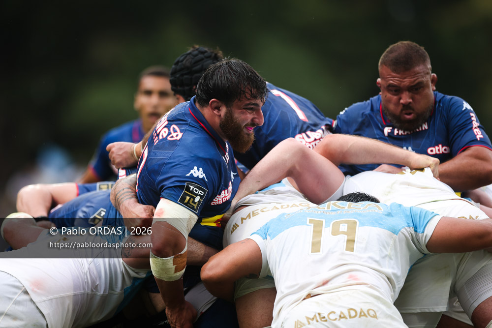 Sergo Abramishvili, lors du match de Top 14 entre l'Aviron bayonnais et le Stade français Paris, le 3 octobre 2026 au stade Jean Dauger de Bayonne, France (Photo Pablo ORDAS)