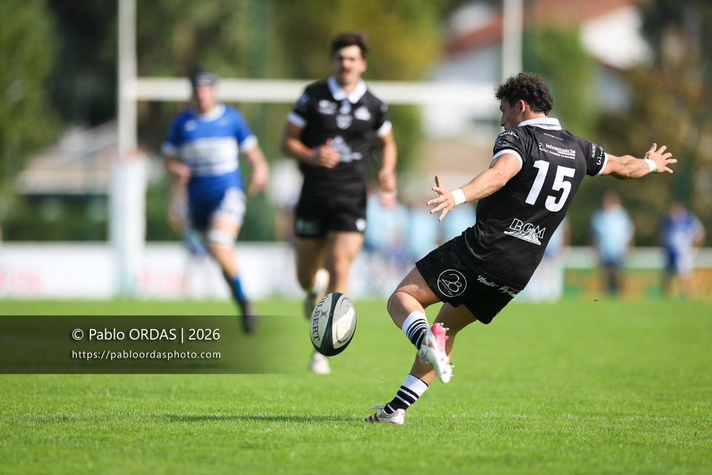 Bastien Gayri, lors du match de Fédérale 1 entre l'Anglet olympique et le Stade bagnérais, le 4 octobre 2026 au stade Saint-Jean d'Anglet, France (Photo Pablo ORDAS)