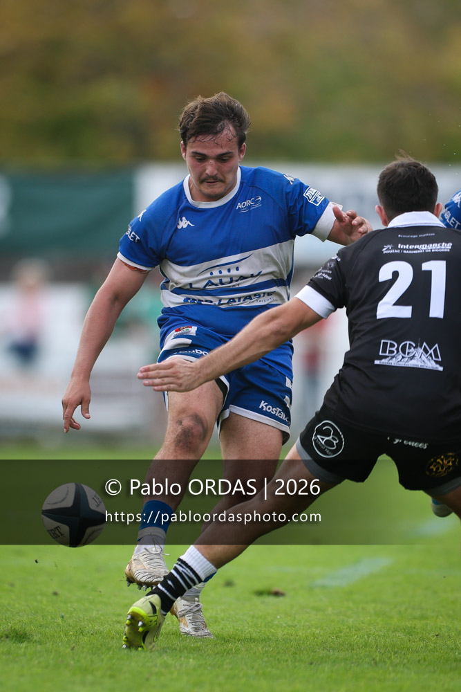 Téo Lascubé, lors du match de Fédérale 1 entre l'Anglet olympique et le Stade bagnérais, le 4 octobre 2026 au stade Saint-Jean d'Anglet, France (Photo Pablo ORDAS)