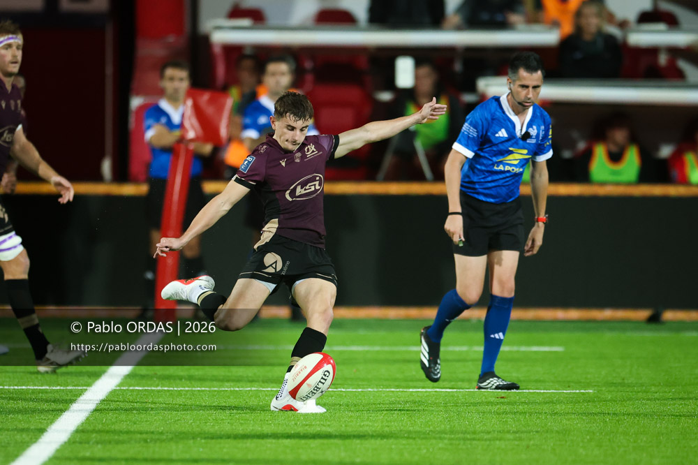 Paul Bergès, lors du match de Pro D2 entre le Biarritz olympique et Soyaux Angoulême, le 16 octobre 2026 au stade Aguiléra de Biarritz, France (Photo Pablo ORDAS)