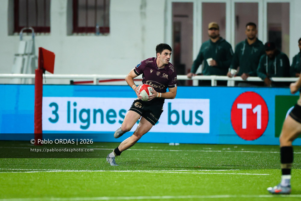 Ugo Pacome, lors du match de Pro D2 entre le Biarritz olympique et Soyaux Angoulême, le 16 octobre 2026 au stade Aguiléra de Biarritz, France (Photo Pablo ORDAS)