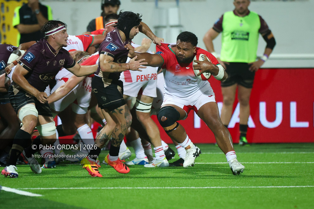 Sione Vailanu, lors du match de Pro D2 entre le Biarritz olympique et Soyaux Angoulême, le 16 octobre 2026 au stade Aguiléra de Biarritz, France (Photo Pablo ORDAS)