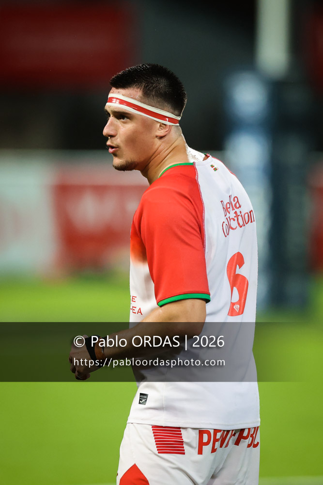 Andrea Sacco, lors du match de Pro D2 entre le Biarritz olympique et Soyaux Angoulême, le 16 octobre 2026 au stade Aguiléra de Biarritz, France (Photo Pablo ORDAS)