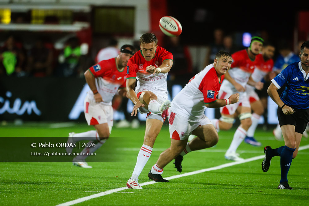 Iban Laclau, lors du match de Pro D2 entre le Biarritz olympique et Soyaux Angoulême, le 16 octobre 2026 au stade Aguiléra de Biarritz, France (Photo Pablo ORDAS)