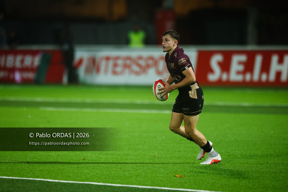 Paul Bergès, lors du match de Pro D2 entre le Biarritz olympique et Soyaux Angoulême, le 16 octobre 2026 au stade Aguiléra de Biarritz, France (Photo Pablo ORDAS)