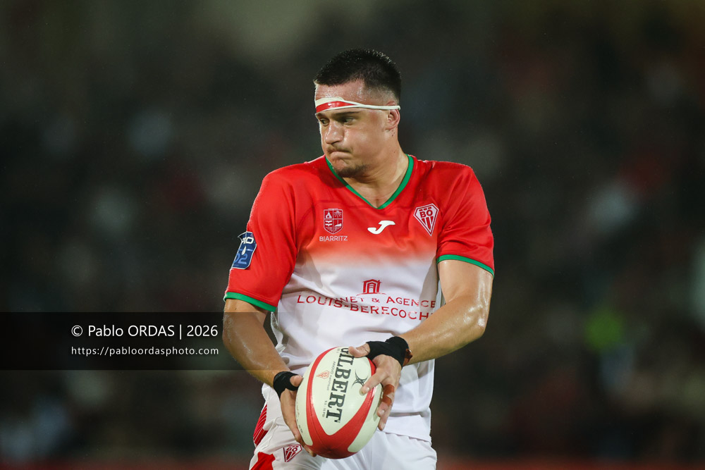 Andrea Sacco, lors du match de Pro D2 entre le Biarritz olympique et Soyaux Angoulême, le 16 octobre 2026 au stade Aguiléra de Biarritz, France (Photo Pablo ORDAS)