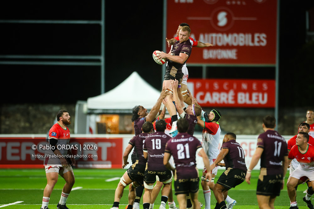 Enzo Morand Bruyat, lors du match de Pro D2 entre le Biarritz olympique et Soyaux Angoulême, le 16 octobre 2026 au stade Aguiléra de Biarritz, France (Photo Pablo ORDAS)