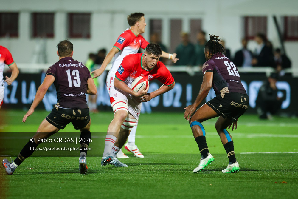 Ellande Sanderson, lors du match de Pro D2 entre le Biarritz olympique et Soyaux Angoulême, le 16 octobre 2026 au stade Aguiléra de Biarritz, France (Photo Pablo ORDAS)