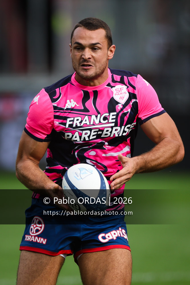Julien Delbouis, lors du match de Top 14 entre l'Aviron bayonnais et le Stade français Paris, le 3 octobre 2026 au stade Jean Dauger de Bayonne, France (Photo Pablo ORDAS)